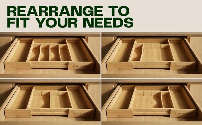 Expandable Bamboo Silverware Drawer Organizer, Kitchen Utensil Tray