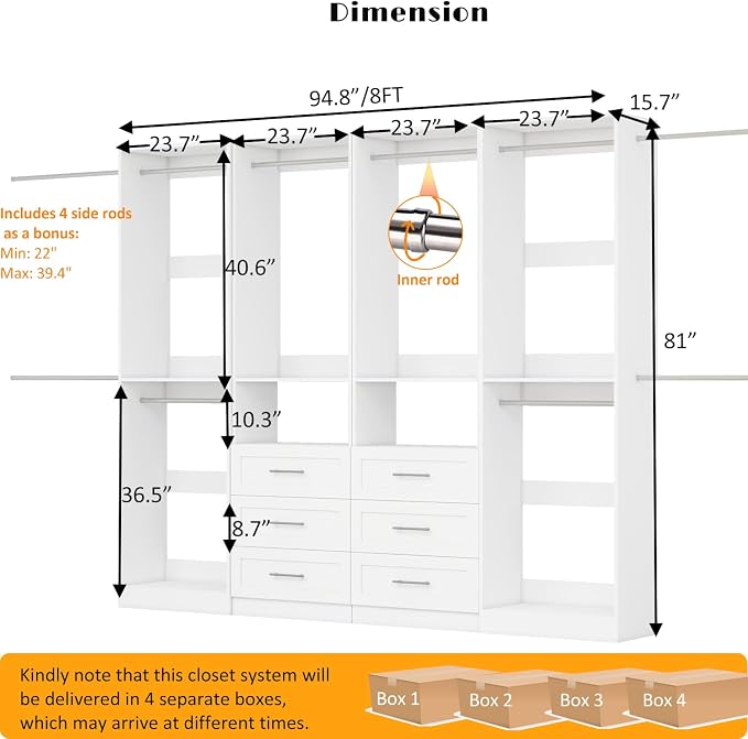Closet System with 4 Sets, 8FT-21FT Closet Organizer Systems with 6 Wooden Drawers & 10 Hanging Rods, Walk in Closet Freestanding Corner Closet System Modular Closet System White (8FT)