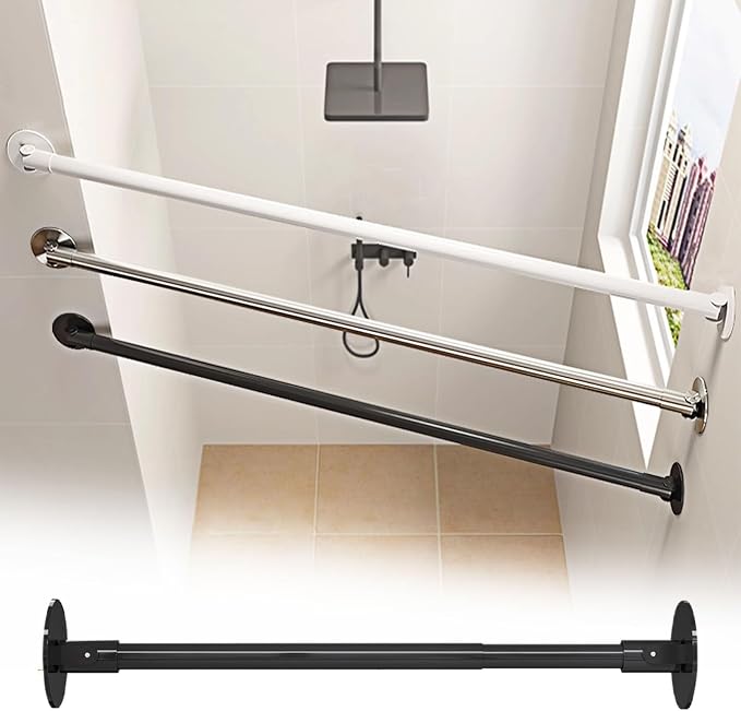 Closet Rod Flange Adjustable Closet Rod for Angled Wall, Retractable Corner Shower Curtain Rod Stainless Steel, 180° Swivel Hanging Clothes Support Pole(Black,150-260cm(59"-102"))