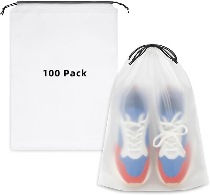 100 Pack Frosted Shoe Bags for Travel, 11.8" x 15.7" Travel Shoe Bags for Storage and Packing, Waterproof Drawstring Shoe Bag for Traveling, Bulk Travel Essentials for Men and Women