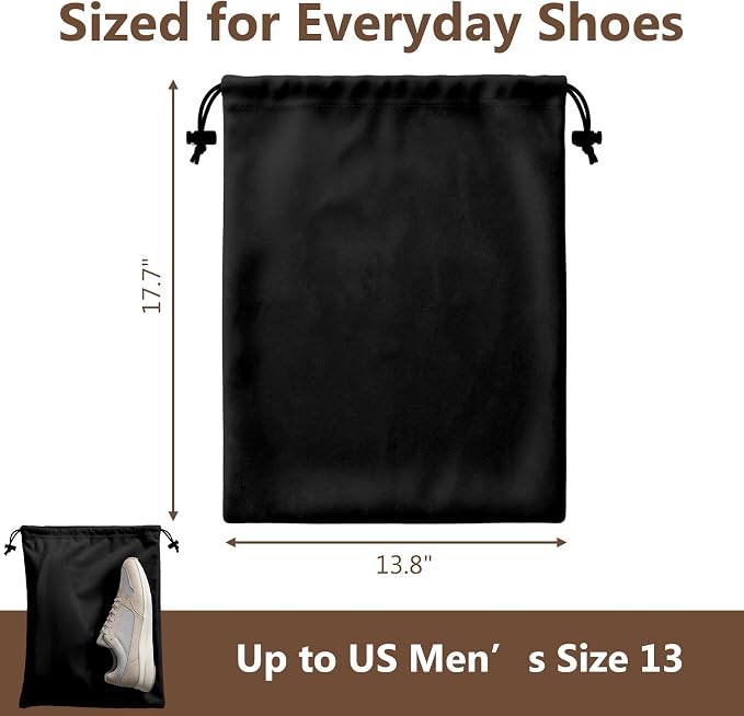 Upgraded Shoe Bags for Travel, 6 Pack Soft Flannel/Cloth/Fabric | Large 17.7 x 13.8 Inches | Fits One Pair of Shoes up to Men's US Size 13 | Washable & Reusable | Ideal for Suitcase Packing