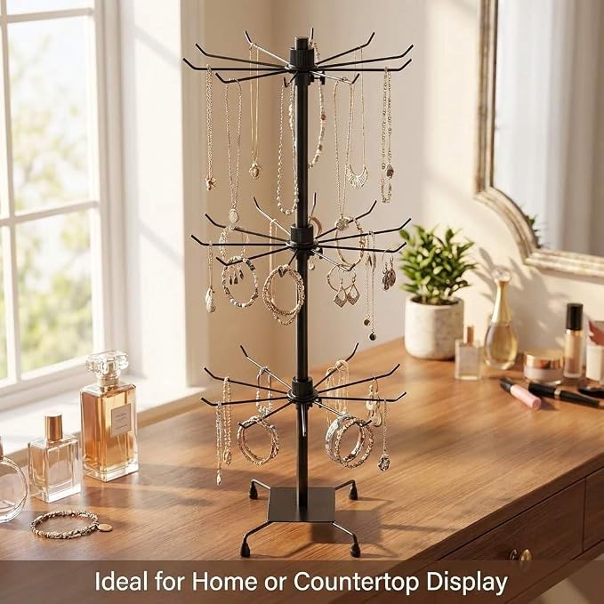 QWORK 3-Tier Rotating Metal Jewelry Display Stand – 2 Sets Adjustable Tabletop Holder for Necklace, Earring & Key Ring