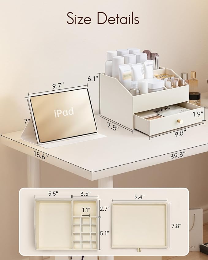 VLANDO Makeup Organizer,Vanity Organizer with Drawers, PU Leather Skincare Organizer Perfume Organizer,Large Cosmetic Display Case for Lipstick,Brushes Gifts for Women-Beige