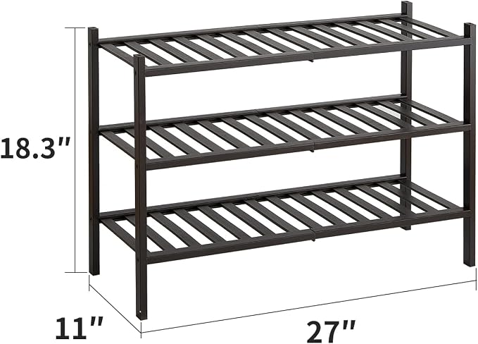 Shoe Rack, 3-Tier Bamboo Stackable Shoe Shelf Storage Organizer, Shoe Stand for Closet, Entryway and Hallway