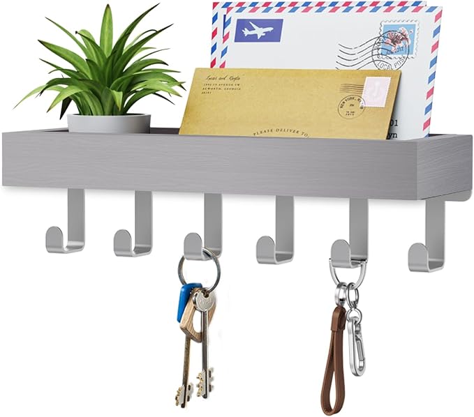 Key Holder Wall Mount Magnetic Adhesive - Key Hooks Rack with shelf | Key Hanger with Mail Organizer for RV Camper Fridge Living Room Decor, Home Essentials, Grey
