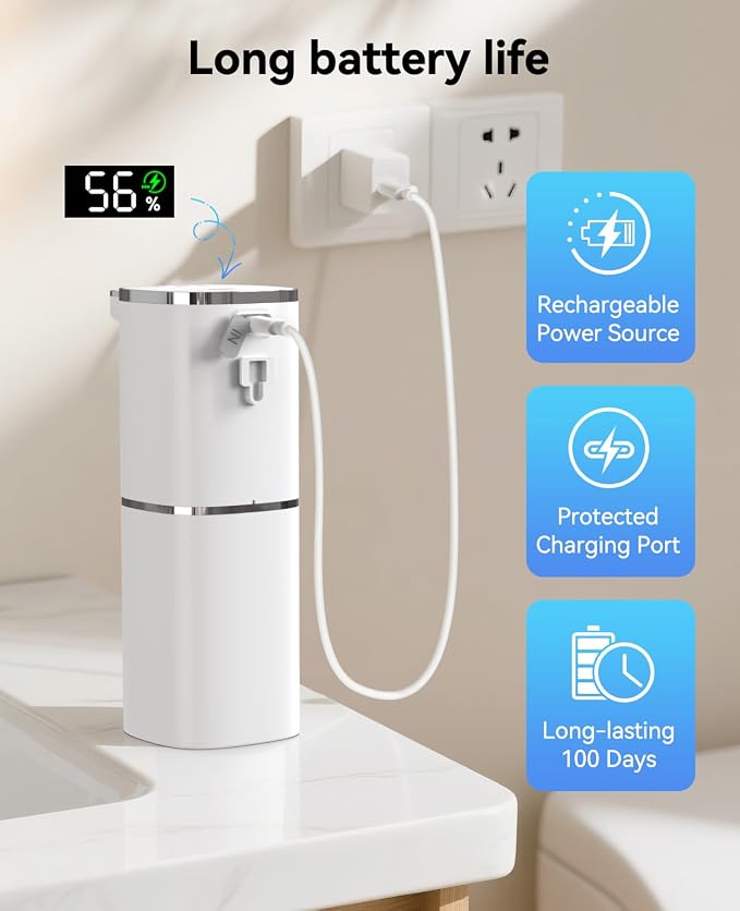 Luxspire 420ml Automatic Foaming Soap Dispenser for Bathroom, White | Touchless foam soap dispenser, IPX5 waterproof, 9 foam levels, LED power display fits hand soap dish wash body wash