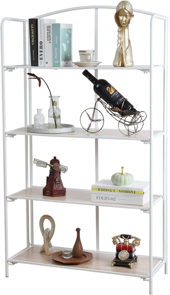 Crofy 4-Tier Wider Foldable Bookshelf, White Frame & White Oak Shelves | No-Assembly Collapsible Portable Storage Organizer; Sturdy White Oak Finish Shelves; Ideal for Living Room & Home Office