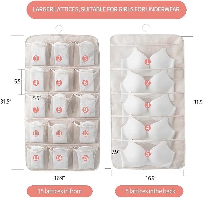 Bseash Enlarged Closet Hanging Bra Organizer with Rotating Metal Hanger, Dual Sided Wall Shelf Wardrobe Mesh Pockets Hanging Storage Bag for Bra Socks Underwear Underpants
