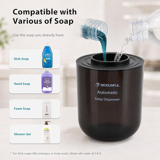 Automatic Foaming Hand Soap Dispenser - 13.5oz modunful M2 DA1501 Black | Wall Mount Countertop, Type-C Rechargeable, Transport Boby, Touchless, Delicate Foam