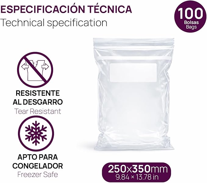 Ofituria Transparent Zip Bags 250 x 350 mm with Airtight Seal, Zip Bags for Food, Snacks, Freezing as well as Kitchen and Travel Organisation - Ofituria (100 Bags)