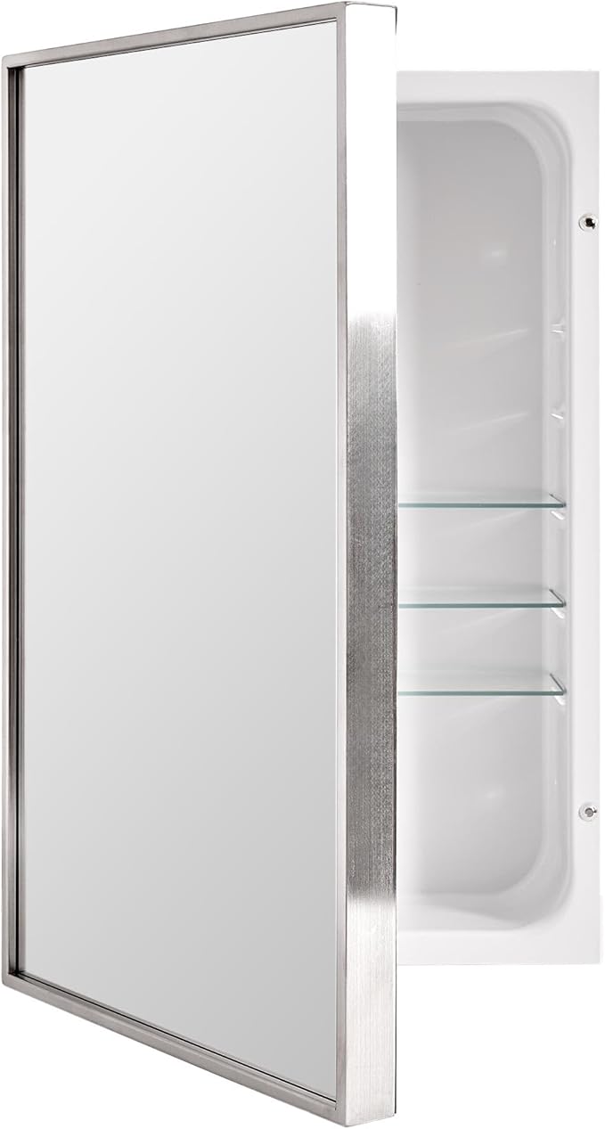 Head West Brushed Chrome Recessed Medicine Cabinet Mirror, Bathroom Wall Mount Storage Organizer with Glass Shelves - 16" x 26"