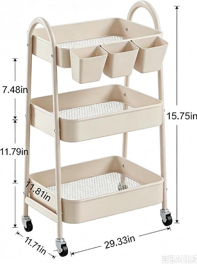 danpinera 3-Tier Rolling Cart, Utility Cart Mobile Metal Rolling Storage Cart with Lockable Wheels & Hanging Cups & Hooks for Kitchen, Bathroom, Office, Workshop, Beige
