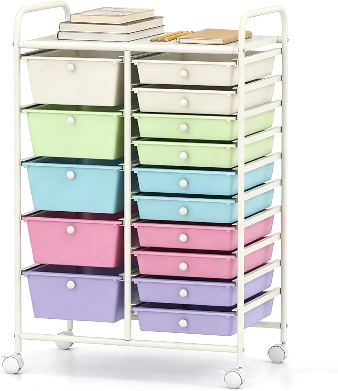 Rolling Cart with 15 Drawers, Utility Cart with Removable Storage Drawers, Lockable Wheels, Art Cart for Home Office Living Room Art Supplies Crafts Paper Scrapbook (Ice Cream)