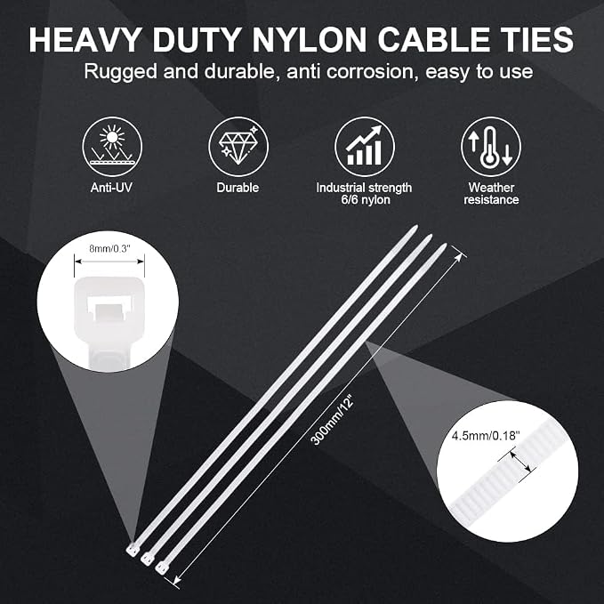 Clear Zip Ties Heavy Duty 12 inch, 1000 Pack, 50LB, White Zipties | 1000 Pack | Premium Nylon | UV Resistant | Weatherproof | Heavy Duty