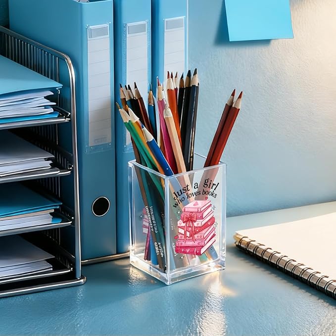 Just A Girl Who Loves Books Acrylic Pencil Holder Cup, Funny Floral Books Desk Organizer for Book Lover Bookish Bookworms Readers, Women Empowerment Gifts for Daughter Girls Sister BFF (Red)