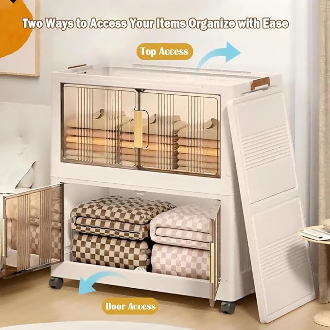 Storage Bins with Lids, 4 Tier 340 QT Stackable Plastic Storage Bins, Foldable Storages Boxes with Magnetic Doors and Wheels for Clothes, Snacks, Books, Folding Containers for Home Office