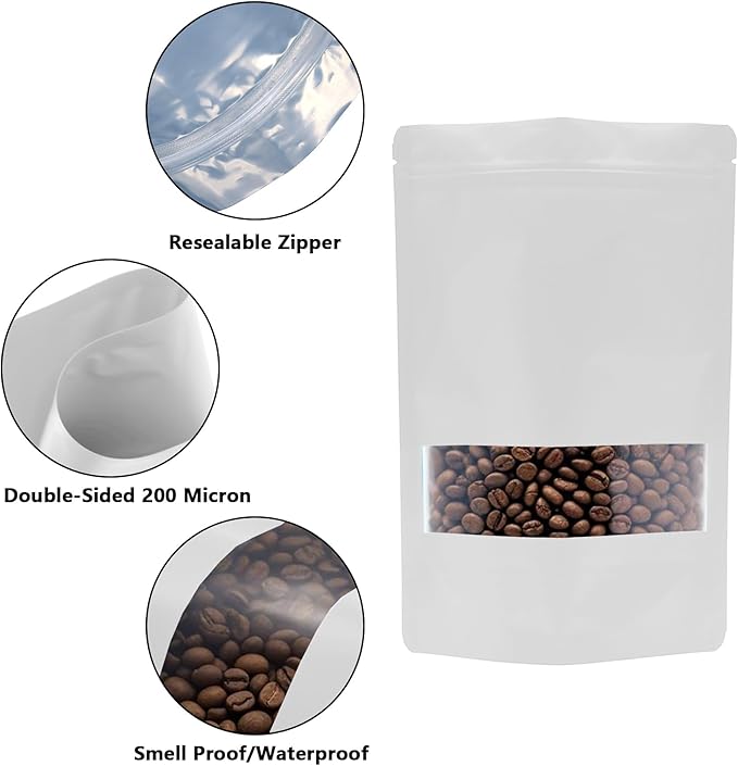100PCS Foil Pouch Mylar Bags with Clear Window,ULIFESTAR Stand Up Sealable Bags with Tear Notches,Resealable for Food,Party Favors,Gift Packaging and Small Business(14 * 20cm/5.51 * 7.87",White)
