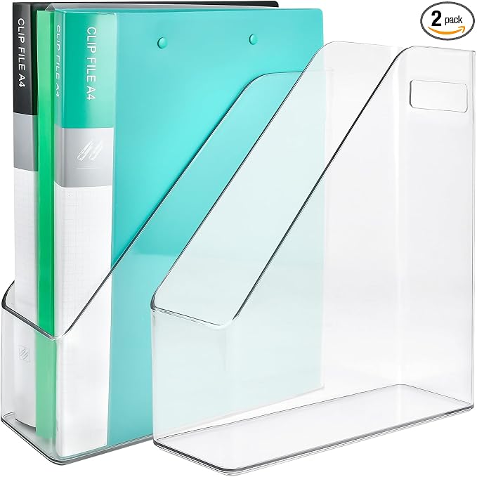 2 Pack Acrylic Magazine File Holder,A4 Vertical File Organizer with Handle for Desk,Clear Document Rack File Folder Storage Bin for Home Office School