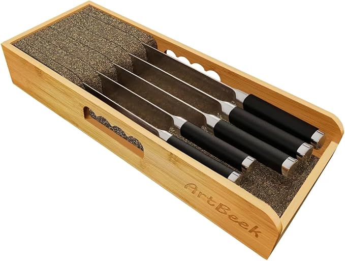 ArtBeek Knife Drawer Organizer Bamboo Insert Dock, 15'' Kitchen Steak Knives Holder Organizers Block for Drawer in Storage Organization