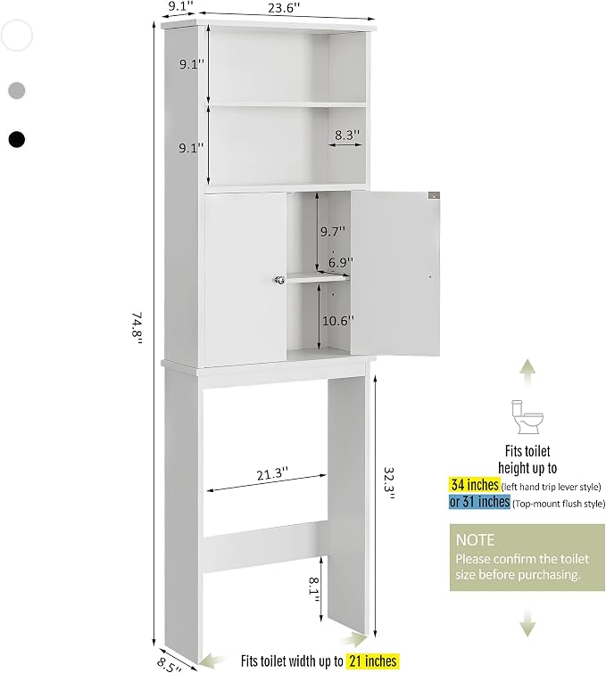 Extra Tall Over The Toilet Storage Cabinet for Bathroom, 75in Storage Organizer Over Toilet with Adjustable Shelf, Space Saver with Open Shelf, White