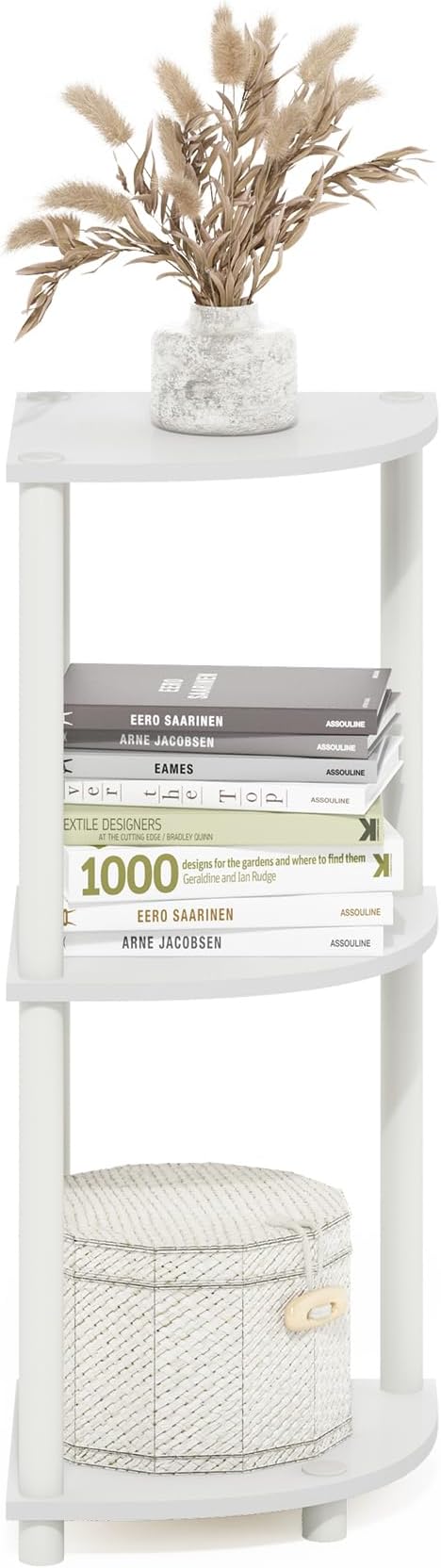 Furinno Turn-N-Tube Toolless Assembly 3-Tier Corner Shelf, Corner Book Shelf, Open Shelves Bookshelf, for Organization and Storage, Living Room, Home Office, Bedroom, Plain White
