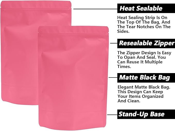 50PCS Smell Proof Resealable Pouch Bags,ULIFESTAR Aluminum Foil Flat Food Storage Bag,Sealable Pcsaging Zipper Pouches with Tear Notches for Pcsaging Lipgloss,Jewelry,etc(18*26cm/7.09*10.24",Pink)