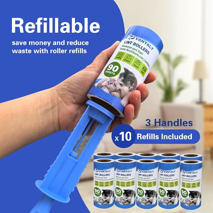 Extra Sticky Lint Roller Mega Value Set 900 Sheets for Pet Hair Removal and Clothes, Dog and Cat Lint Remover, 10 Pack