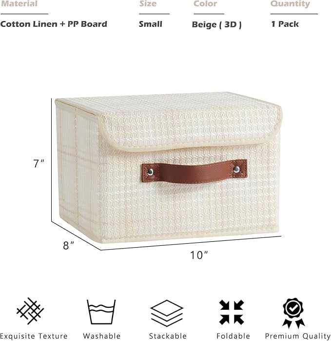 Storage Boxes with Lid 3D Textured Fabric Storage Bins Organizer Containers Decorative Collapsible Washable Shelf Baskets Faux Leather Handles for Home Bedroom Closet (Beige, Small Size)