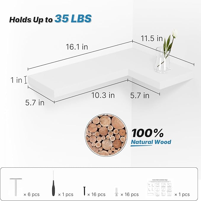 NATURE'S SOURCE Floating Corner Shelves with Invisible Brackets Set of 3, Corner Shelves Wall Mounted, for Home Bedroom Bathroom Kitchen Living Room Office- 16.1" x 11.5" (Pure White)