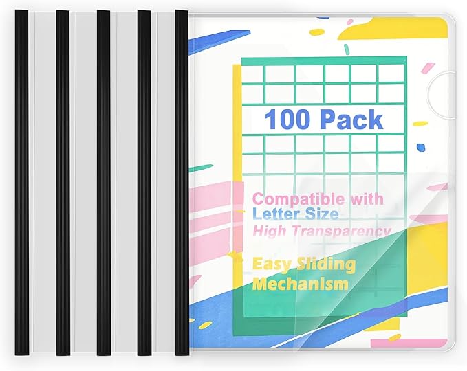 TOTiyea 100 Pack Letter Size Clear Report Covers with Sliding Bars, 9mm (70 Sheet Capacity) Sliding Bar File Folders, Black