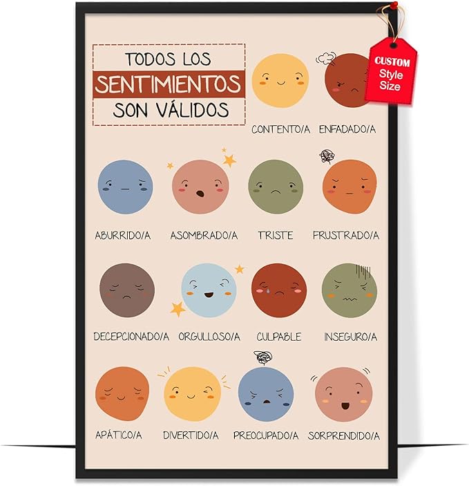 LOLUIS Mental Health Poster, La Salud Mental Spanish Learning Tools Educational Supplies Art Print (Todos Los Sentimientos Son Válidos, Custom Frame Type)