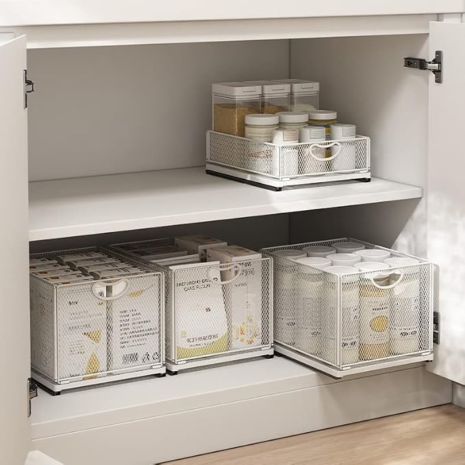 GC Pull out Cabinet Organizer Fixed with Adhesive Nano Film Heavy Duty Slide out Pantry Shelves Drawer Storage under sink organizer Sliding Mesh Cabinet Basket with Handle for Kitchen (Small)
