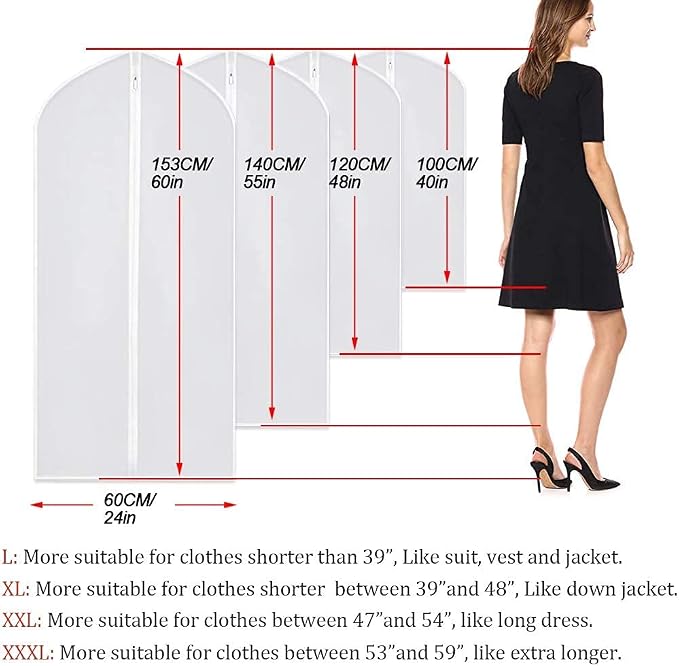 Garment Bags Covers 24''X60'' Dress Bags for Hanging Clothes (Pack of 6) with Study Full Zipper Coat Covers for Closet Clothes Storage Travel