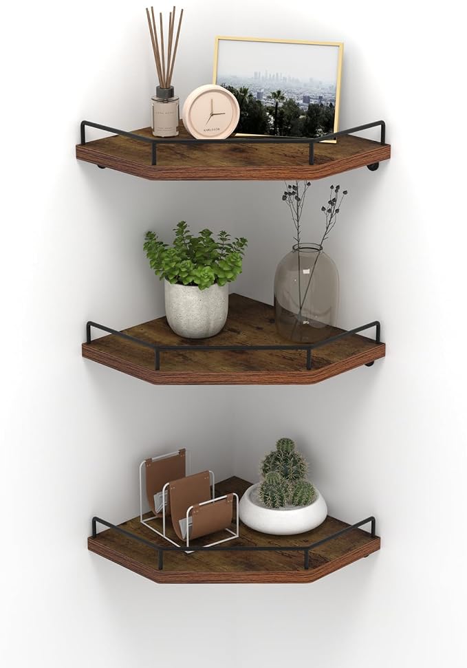 HORLIMER Floating Corner Shelf Wall Mount, 3 Pack Rustic Wood Corner Wall Shelves with Fence for Bedroom, Bathroom, Kitchen, Living Room, Brown
