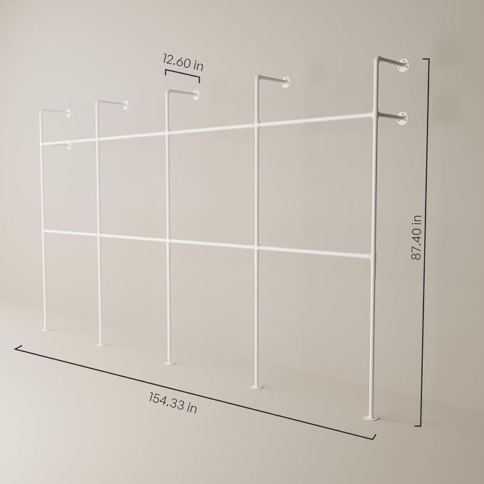 pamo Industrial Clothing Rack Wall Mounted White – 154" W × 87" H, 1100 lbs | Heavy Duty Pipe Closet System in White Powder Coated Steel, Scratch-Resistant, Double Rod, Easy Assembly, Closet Organizer