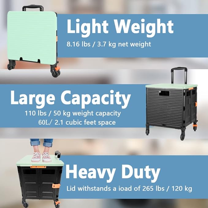 FELICON SELORSS Foldable Utility Cart Folding Portable Rolling Crate Handcart with Heavy Duty Telescoping Handle Collapsible 4 Rotate Wheels for Travel Shopping Move Luggage Office Use(Black+Green)