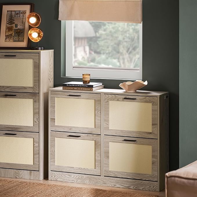 SoBuy Shoe Storage Cabinet for Entryway | Freestanding Shoe Organizer Cabinet 4 Drawers, Narrow Slim Hidden Shoe Rack, Natural, FSR170-N