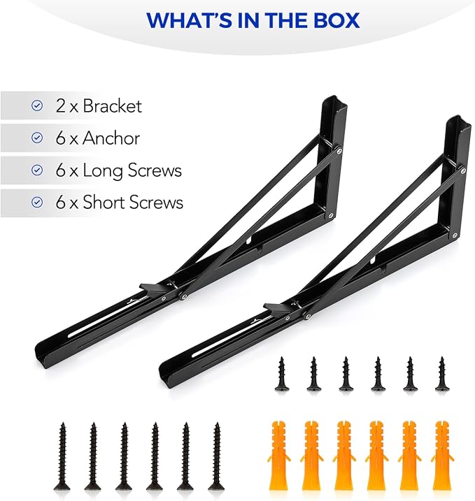 Ravinte Matte Black Folding Shelf Brackets, 16 Inch, 2 Pack | Collapsible Bracket Design, Table And Bench Support, Space-Saving Shelf Setup, For Worktops, Laundry Rooms, Garage Projects