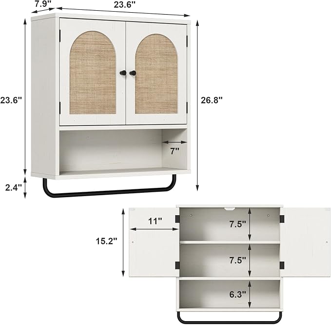 RUSTOWN Rattan Bathroom Wall Cabinet, Boho Medicine Cabinet with 2 Arched Doors, Farmhouse Over the Toilet Storage Cabinets with Adjustable Shelves & Towel Bar, 3-Tier Wall Mounted Cabinets