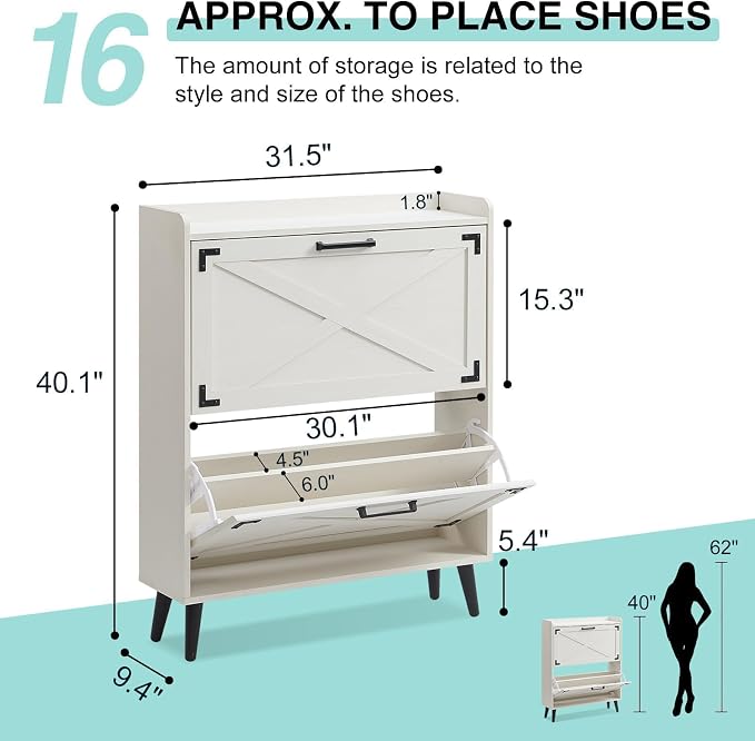 Barnyatoh Shoe Storage Cabinet,Farmhouse Shoe Organizer with 2 Flip Drawers & Barn Door Design,Freestanding Hidden Slim Narrow Shoe Rack Cabinet for Entryway,Foyer,Hallway,Antique White