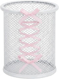 Pen Holder for Desk - Cute Ribbon Bow Wire Mesh Pencil Cup, Lace-up Desktop Organizer for Girls & Teens, Decorative Stationery Storage for Home Office (White)