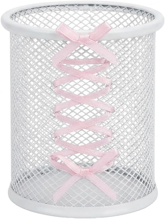 Pen Holder for Desk - Cute Ribbon Bow Wire Mesh Pencil Cup, Lace-up Desktop Organizer for Girls & Teens, Decorative Stationery Storage for Home Office (White)