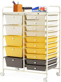 HAPPYGRILL 15-Drawer Rolling Cart, Storage Carts with Removable Drawers & Steel Frame, Utility Cart on Lockable Wheels for Home, School, Office, Yellow