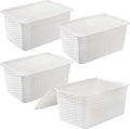 Dicunoy 4 Pack Lidded Storage Bins with Lids, White Stackable Storage Baskets for Shelf, Plastic Pantry Organizer with Handle for Home, RV, Lockers, Classrooms, School, Toys, 11" x 7" x 5"