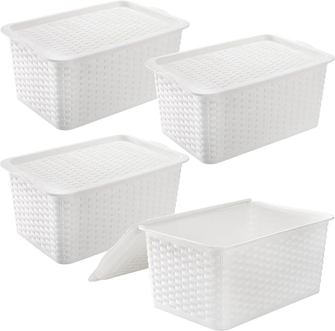 Dicunoy 4 Pack Lidded Storage Bins with Lids, White Stackable Storage Baskets for Shelf, Plastic Pantry Organizer with Handle for Home, RV, Lockers, Classrooms, School, Toys, 11" x 7" x 5"