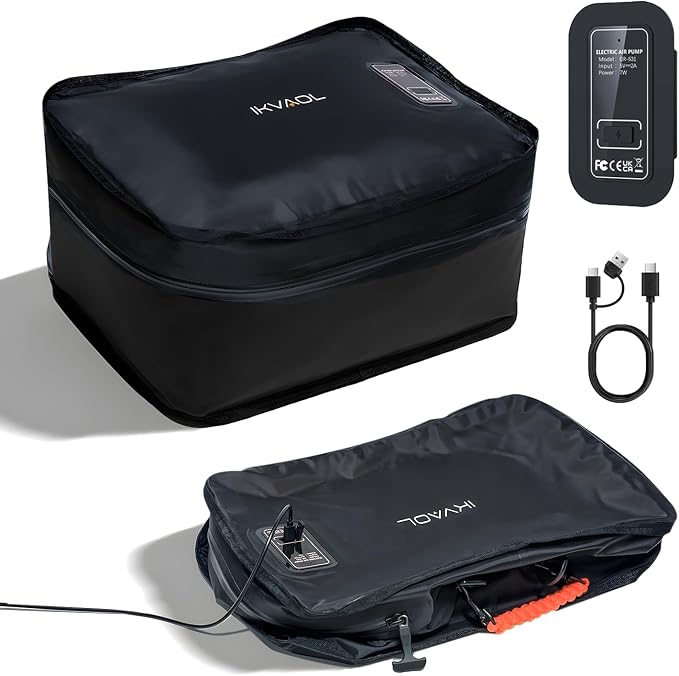 Travel Vacuum Packing Cubes with Built-in Pump, Space Saver (1-Pack) | 23L Small Organizer, Built-in 50kPa Pump, USB-C phone & power bank, 180° Opening, Airtight Zipper, Tearproof Fabric