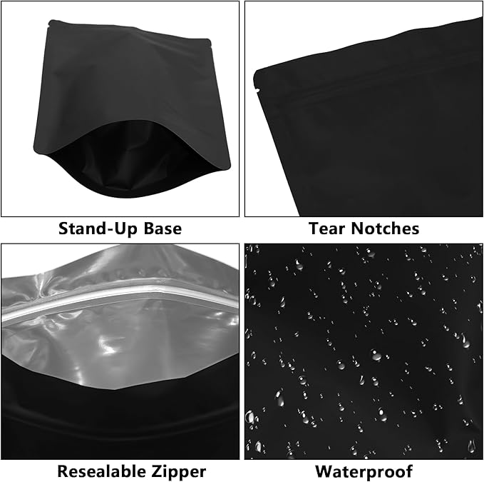 100PCS Smell Proof Resealable Pouch Bags,ULIFESTAR Aluminum Foil Flat Food Storage Bag,Sealable Pcsaging Zipper Pouches with Tear Notches for Pcsaging Lipgloss,Jewelry,etc(14*20cm/5.51*7.87",Black)