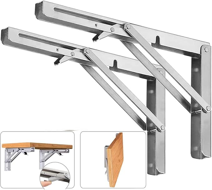 16 Inch Folding Shelf Brackets, 2 Pack Stainless Steel Heavy Duty L Bracket | Max Load 330 lb, Space Saving Design for DIY, Wall Mounted Collapsible Folding Shelf Bracket Support for Workbench, Garage