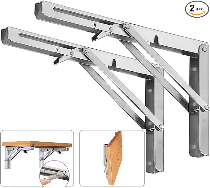 16 Inch Folding Shelf Brackets, 2 Pack Stainless Steel Heavy Duty L Bracket | Max Load 330 lb, Space Saving Design for DIY, Wall Mounted Collapsible Folding Shelf Bracket Support for Workbench, Garage