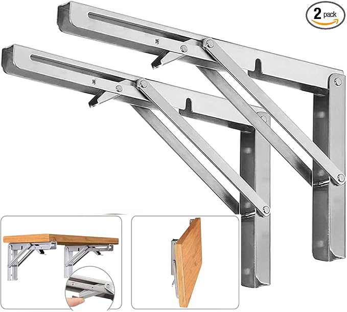 12 Inch Folding Shelf Brackets, 2 Pack Stainless Steel Heavy Duty L Bracket | Max Load 330 lb, Space Saving Design for DIY, Wall Mounted Collapsible Folding Shelf Bracket Support for Workbench, Garage